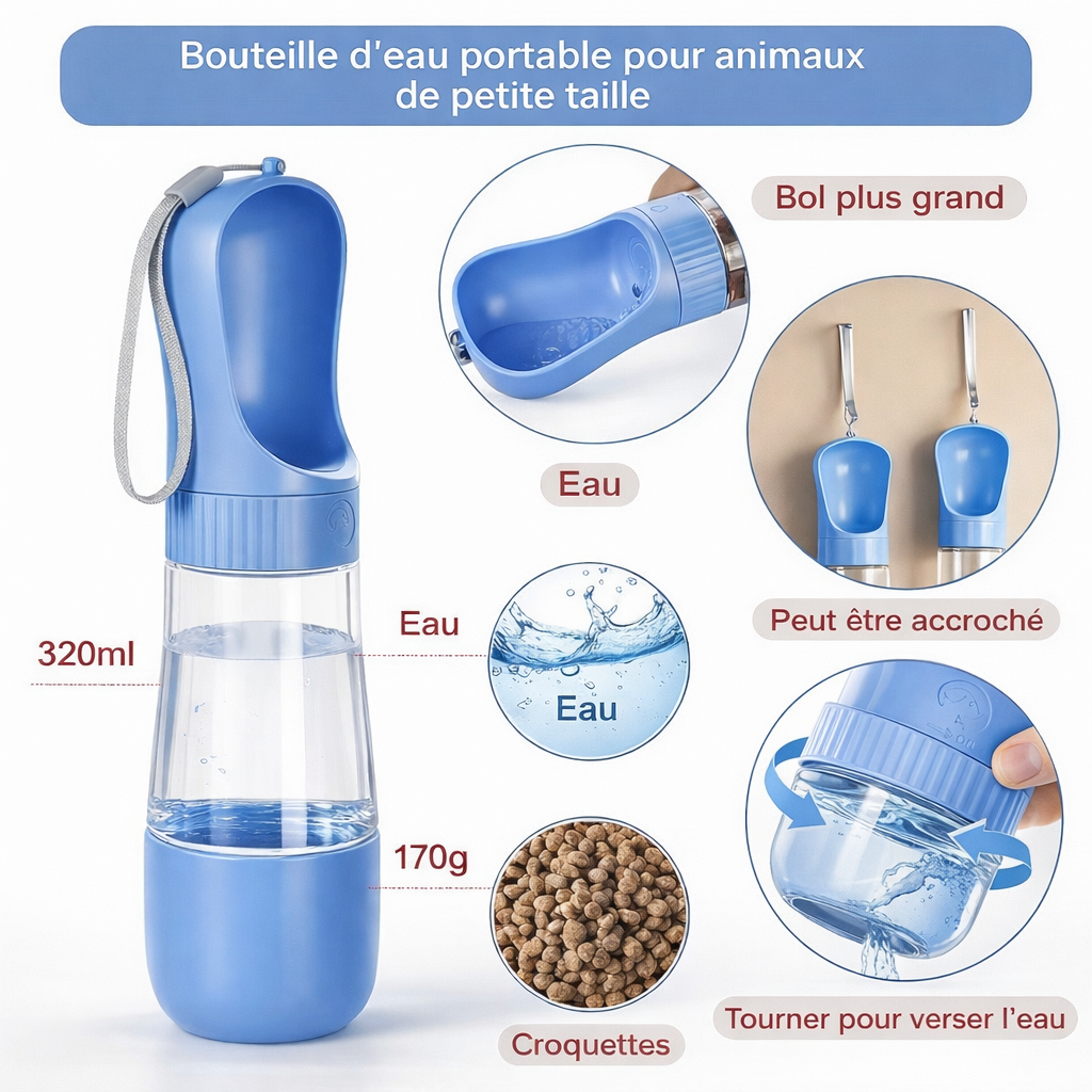 Gourde bleue pour petit chien avec compartiment croquettes 170g.